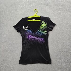 Fox Racing Women Shirt M Black Graphic Activewear V-Neck Pullover